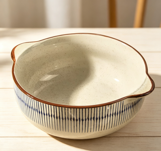 Japanese Striped Double-handle Ceramic Large Bowl