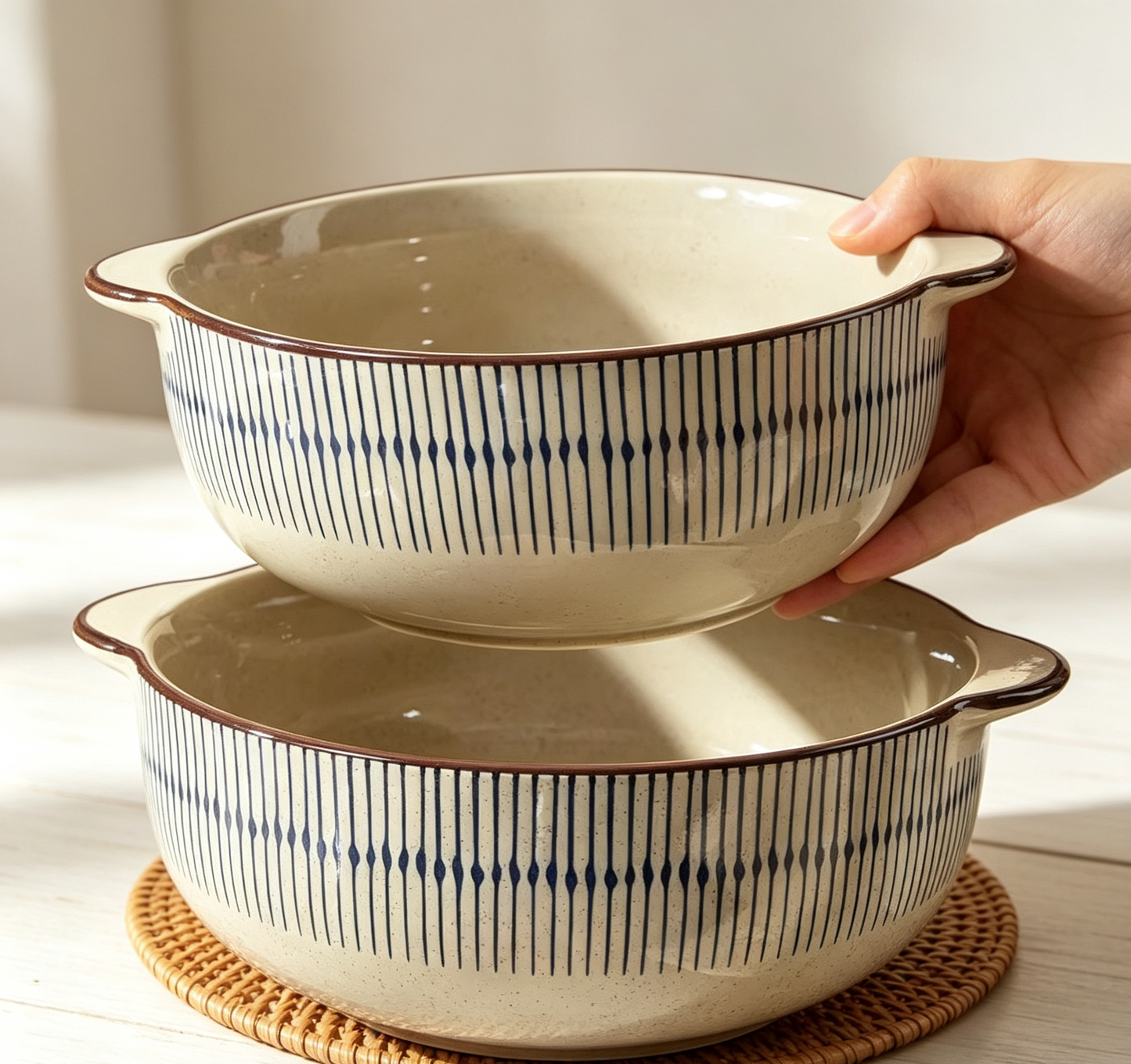 Japanese Striped Double-handle Ceramic Large Bowl