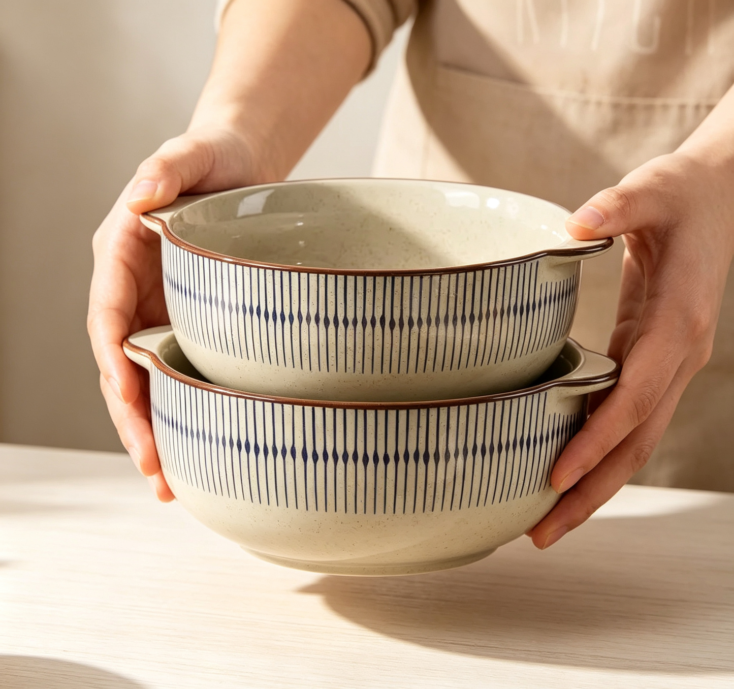 Japanese Striped Double-handle Ceramic Large Bowl