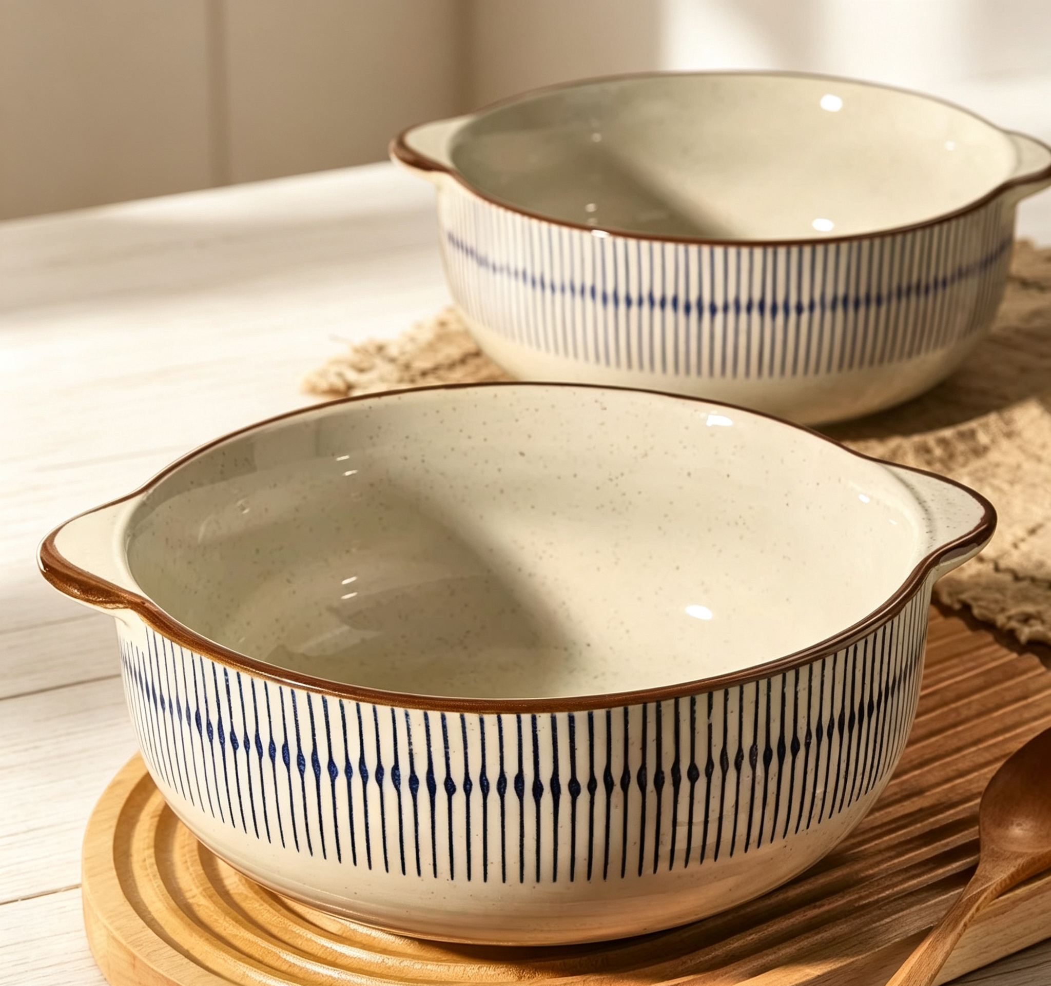 Japanese Striped Double-handle Ceramic Large Bowl