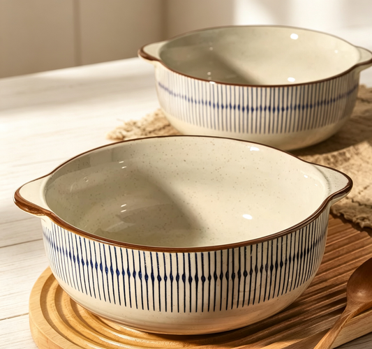 Japanese Striped Double-handle Ceramic Large Bowl